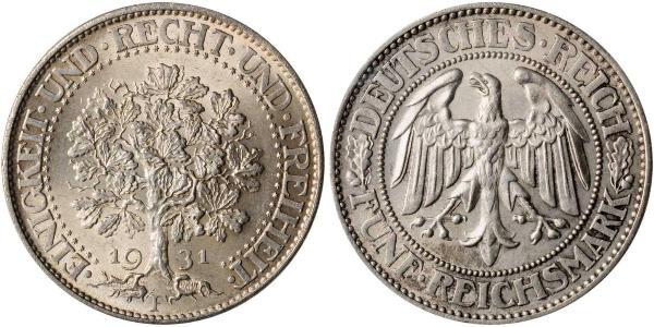 5 Mark 魏瑪共和國 (1919 - 1933) / 德国 銀 