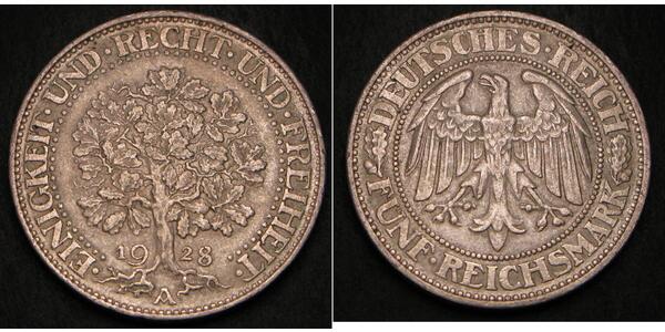 5 Mark 魏瑪共和國 (1919 - 1933) / 德国 銀 