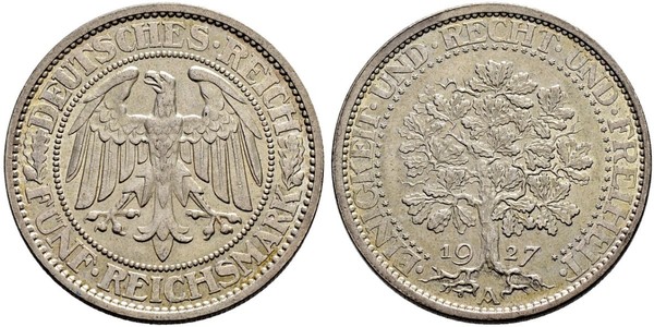 5 Mark 魏瑪共和國 (1919 - 1933) / 德国 銀 