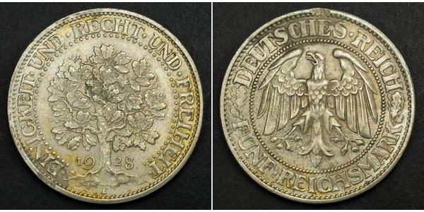 5 Mark 魏瑪共和國 (1919 - 1933) / 德国 銀 
