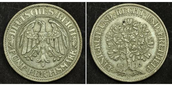 5 Mark 魏瑪共和國 (1919 - 1933) / 德国 銀 