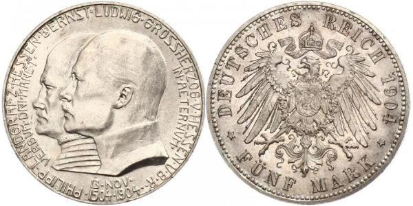 5 Mark 黑森-达姆施塔特 (1806 - 1918) 銀 恩斯特·路德维希 (黑森大公) (1868 - 1937)