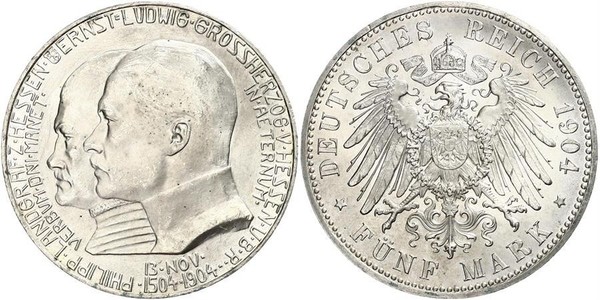 5 Mark 黑森-达姆施塔特 (1806 - 1918) 銀 恩斯特·路德维希 (黑森大公) (1868 - 1937)