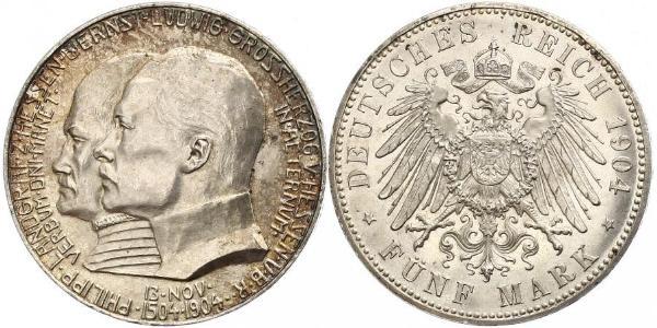 5 Mark 黑森-达姆施塔特 (1806 - 1918) 銀 恩斯特·路德维希 (黑森大公) (1868 - 1937)