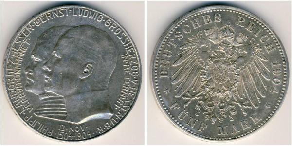 5 Mark 黑森-达姆施塔特 (1806 - 1918) 銀 恩斯特·路德维希 (黑森大公) (1868 - 1937)