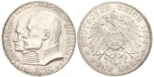 5 Mark 黑森-达姆施塔特 (1806 - 1918) 銀 恩斯特·路德维希 (黑森大公) (1868 - 1937)