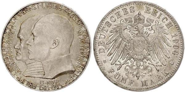 5 Mark 黑森-达姆施塔特 (1806 - 1918) 銀 恩斯特·路德维希 (黑森大公) (1868 - 1937)
