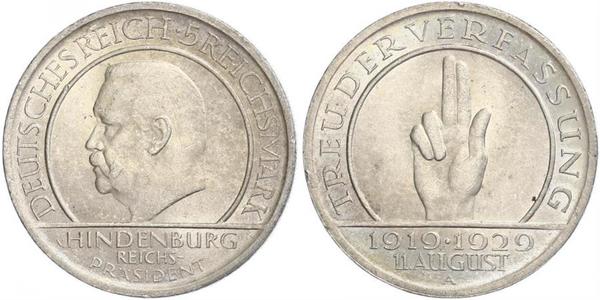 5 Mark / 5 Reichsmark Repubblica di Weimar (1918-1933) Argento Paul von Hindenburg