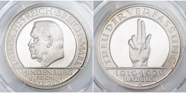 5 Mark / 5 Reichsmark Repubblica di Weimar (1918-1933) Argento Paul von Hindenburg