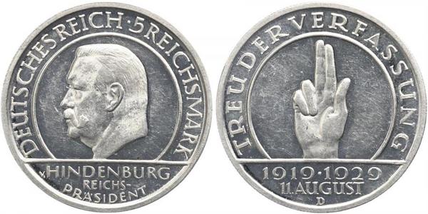 5 Mark / 5 Reichsmark Repubblica di Weimar (1918-1933) Argento Paul von Hindenburg