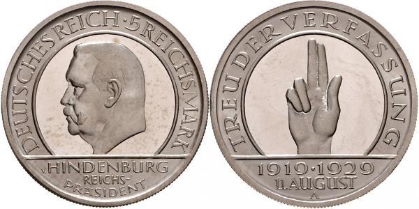 5 Mark / 5 Reichsmark Repubblica di Weimar (1918-1933) Argento Paul von Hindenburg