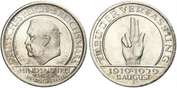 5 Mark / 5 Reichsmark Repubblica di Weimar (1918-1933) Argento Paul von Hindenburg