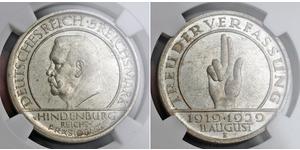 5 Mark / 5 Reichsmark República de Weimar (1918-1933) Plata Paul von Hindenburg