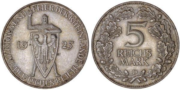 5 Mark / 5 Reichsmark República de Weimar (1918-1933) Plata 
