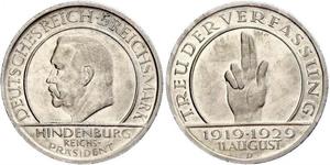 5 Mark / 5 Reichsmark Weimarer Republik (1918-1933) Silber Paul von Hindenburg