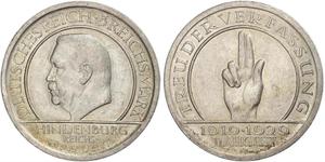 5 Mark / 5 Reichsmark Weimarer Republik (1918-1933) Silber Paul von Hindenburg