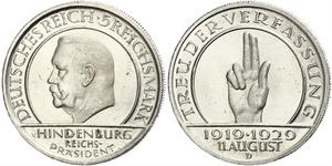 5 Mark / 5 Reichsmark Weimarer Republik (1918-1933) Silber Paul von Hindenburg