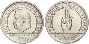 5 Mark / 5 Reichsmark Weimarer Republik (1918-1933) Silber Paul von Hindenburg