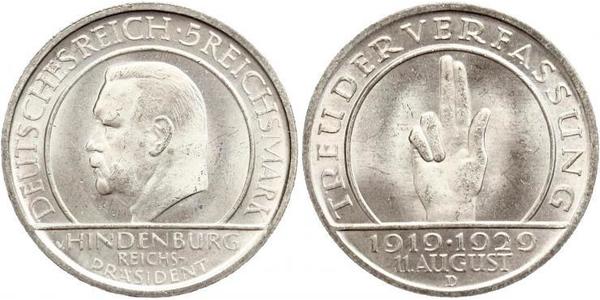 5 Mark / 5 Reichsmark Weimarer Republik (1918-1933) Silber Paul von Hindenburg