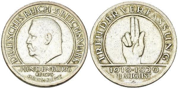 5 Mark / 5 Reichsmark Weimarer Republik (1918-1933) Silber Paul von Hindenburg