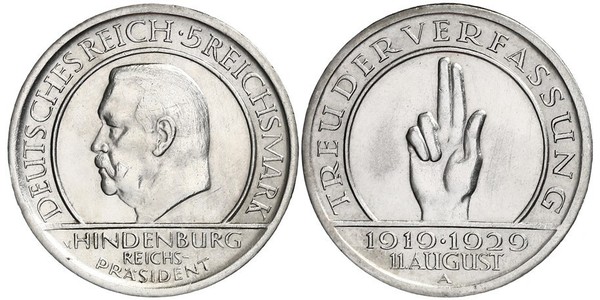 5 Mark / 5 Reichsmark Weimarer Republik (1918-1933) Silber Paul von Hindenburg