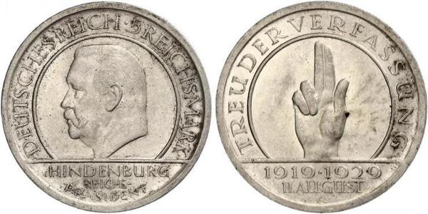 5 Mark / 5 Reichsmark Weimar Republic (1918-1933) Silver Paul von Hindenburg