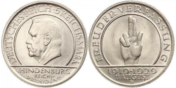 5 Mark / 5 Reichsmark Weimar Republic (1918-1933) Silver Paul von Hindenburg