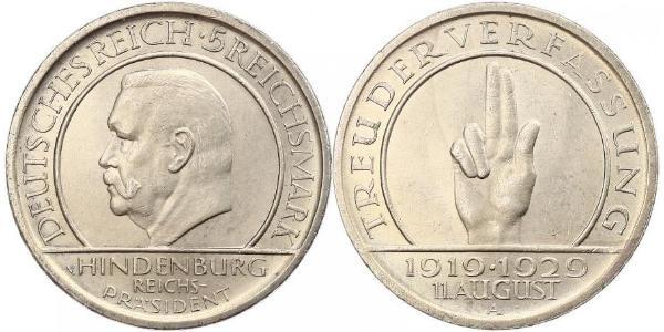 5 Mark / 5 Reichsmark Weimar Republic (1918-1933) Silver Paul von Hindenburg