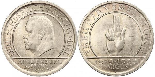 5 Mark / 5 Reichsmark Weimar Republic (1918-1933) Silver Paul von Hindenburg