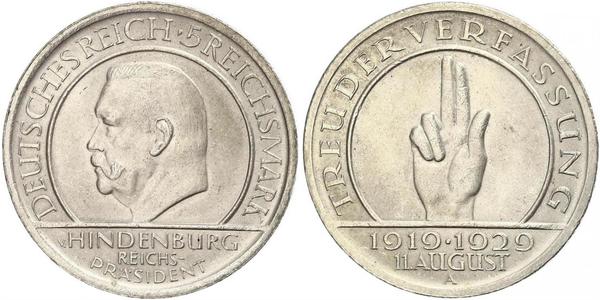 5 Mark / 5 Reichsmark Weimar Republic (1918-1933) Silver Paul von Hindenburg