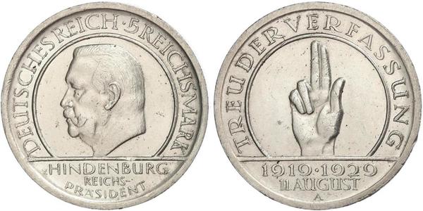 5 Mark / 5 Reichsmark Weimar Republic (1918-1933) Silver Paul von Hindenburg
