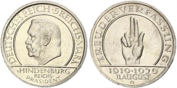 5 Mark / 5 Reichsmark Weimar Republic (1918-1933) Silver Paul von Hindenburg