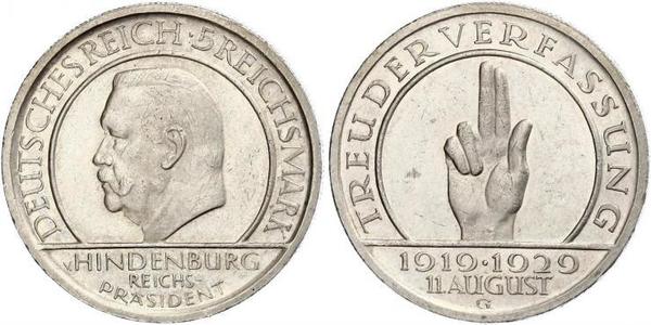 5 Mark / 5 Reichsmark Weimar Republic (1918-1933) Silver Paul von Hindenburg