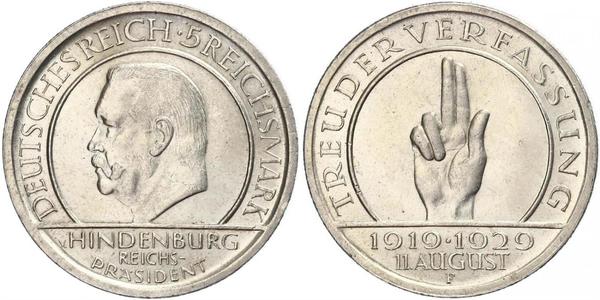 5 Mark / 5 Reichsmark Weimar Republic (1918-1933) Silver Paul von Hindenburg