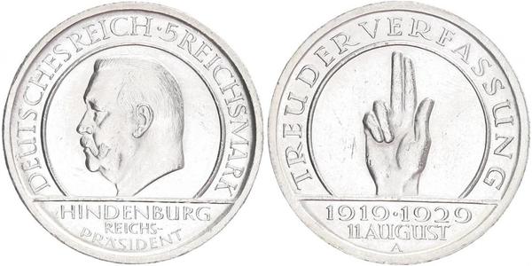 5 Mark / 5 Reichsmark Weimar Republic (1918-1933) Silver Paul von Hindenburg