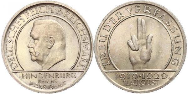 5 Mark / 5 Reichsmark Weimar Republic (1918-1933) Silver Paul von Hindenburg