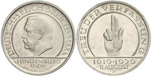 5 Mark / 5 Reichsmark 魏瑪共和國 (1919 - 1933) 銀 保罗·冯·兴登堡 (1847 - 1934)