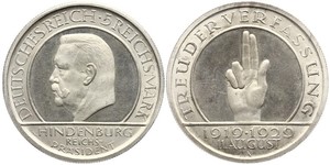 5 Mark / 5 Reichsmark 魏瑪共和國 (1919 - 1933) 銀 保罗·冯·兴登堡 (1847 - 1934)