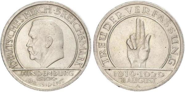 5 Mark / 5 Reichsmark 魏瑪共和國 (1919 - 1933) 銀 保罗·冯·兴登堡 (1847 - 1934)