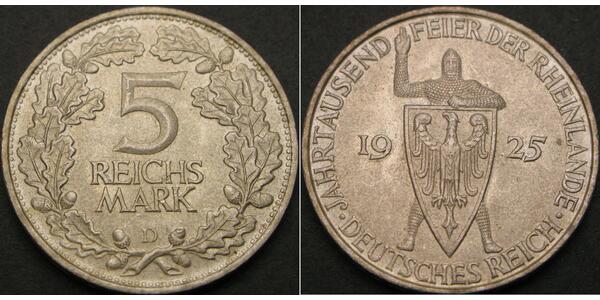 5 Mark / 5 Reichsmark 魏瑪共和國 (1919 - 1933) 銀 