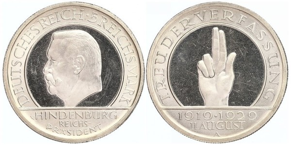 5 Mark / 5 Reichsmark 魏瑪共和國 (1919 - 1933) 銀 保罗·冯·兴登堡 (1847 - 1934)