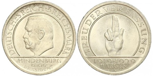 5 Mark / 5 Reichsmark 魏瑪共和國 (1919 - 1933) 銀 保罗·冯·兴登堡 (1847 - 1934)