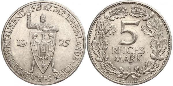 5 Mark / 5 Reichsmark 魏瑪共和國 (1919 - 1933) 銀 