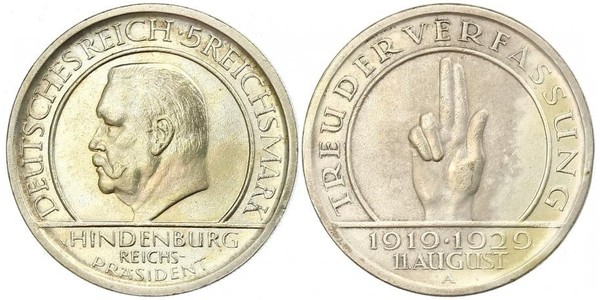 5 Mark / 5 Reichsmark 魏瑪共和國 (1919 - 1933) 銀 保罗·冯·兴登堡 (1847 - 1934)