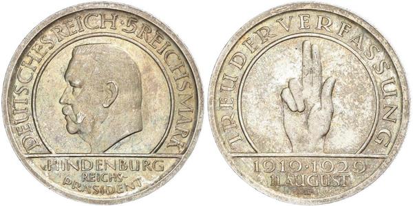 5 Mark / 5 Reichsmark 魏瑪共和國 (1919 - 1933) 銀 保罗·冯·兴登堡 (1847 - 1934)