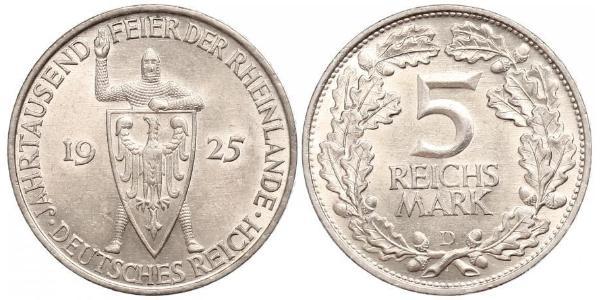5 Mark / 5 Reichsmark 魏瑪共和國 (1919 - 1933) 銀 