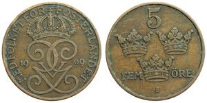 5 Ore Svezia Acciaio/Bronzo Gustavo V di Svezia (1858 - 1950)