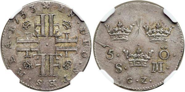 5 Ore Suède Billon Argent Frédéric Ier de Suède (1676 -1751)