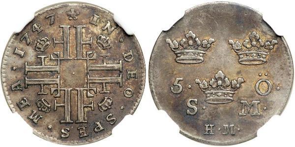5 Ore Suède Billon Argent Frédéric Ier de Suède (1676 -1751)