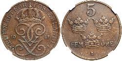 5 Ore Svezia Bronzo/Acciaio Gustavo V di Svezia (1858 - 1950)